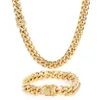Kubanische Gliederkette, Halskette, Armband, Schmuckset, 18 Karat vergoldeter Edelstahl, Miami-Halskette mit Design-Federschnalle248N