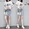 Zwei Stück Set Frauen Bienen Cartoon Pailletten T-shirt Spitze Bogen T-shirt Casual t-shirt + Rock Anzüge Frau Jeans Denim kurze Sets