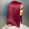 Atacado malaio peruano indiano brasileiro 100% cru virgem remy cabelo humano vinho vermelho sedoso reto 2x6 fechamento de renda transparente bob peruca