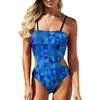 Women's Swimwear Colorful Geometry Swimsuit Watercolor Square One Piece Bodysuit Female Push Up Sexy Swim Bathing Suits