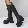 Bottes y genou haute plate-forme talons en cuir PU noir rétro punk longue femme à lacets chaussures d'hiver 230911