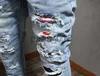 Men's Jeans Patches Detail Biker Fit Denim Jeans Men Slim Motorcycle For Mens Vintage Distressed x0911