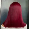 Atacado malaio peruano indiano brasileiro 100% cru virgem remy cabelo humano vinho vermelho sedoso reto 2x6 fechamento de renda transparente bob peruca