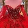 赤い光沢のあるQuinceanera Ball Gown Quinceanera Dress 2024 Beads Aptique Bow With Cape Party Dress Vestidos de 15 Baile