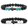 Bracelet en pierre de lave noire, perles turquoise, croix, diffuseur d'huile essentielle, bijoux extensibles pour femmes et hommes, DIY