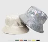 Shinny Party Laser Bucket Hat Stage Wear PU Leather Sparkle Wide Brim Fisherman Hats Christmas Music Festival Holographic Hip Hop Cap Metallic Color Wholesale