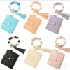 Fashion PU Leather Bracelet Wallet Keychain Party Favor Tassels Bangle Key Ring Holder Card Bag Silicone Beaded Wristlet Keychains Handbag DE955