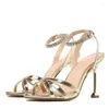 Sandales Sexy Cristal Bride À La Cheville Or Femmes 2023 Mode D'été Bout Ouvert Talons Hauts Dames Élégantes Fête Banquet Chaussures Grande Taille