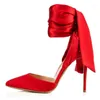 Dress Shoes Red Black Silk Summer Woman Sandals Ankle Lace Up Design Sexy Pumps Elegant Decor Thin Heel Female Party