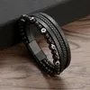 Pulseira de couro com miçangas de pedra natural olho de tigre, pulseira de couro com fivela multicamadas para homens, joias da moda