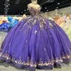 Sparkly Beaded Ball Gown Quinceanera Dresses 3D Lace Appliqued Prom Gowns Off The Shoulder Neckline Sweep Train Sweet 15 Corset Masquerade Dress