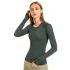 L-9083 moletom elástico com gola redonda feminino manga longa camisas de ioga malha respirável camisetas de secagem rápida roupa fitness slim preto runni335b