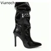 Boot's Elastic Kne Length Boots Autumn European och American Pointed Patent Leather High Barrel Black Zipper Thin Heel HI 230911