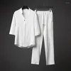 メンズトラックスーツ2023夏のスタイルファッションカジュアルソリッドカラーTシャツスーツ男性高品質の綿とリネン2ピースセットM-5XL