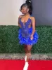 Royal Blue Feathers Short Prom Dress Black Girls Sparkly Beaded Crystal Diamond Birthday Party Gowns Mini Tail Homecoming Wears 322