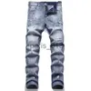 Mens Jeans Trendy high street mens jeans pants fashion designer jeans blue hole washed casual fit straight leg pant youth rivet print patch black jean embroidery boys