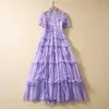 2023 Purple Polka Dot Tulle Panelled Dress Short Sleeve Round Neck Long Maxi Casual Dresses S3Q210720 Plus Size XXL