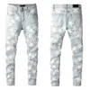 Męskie dżinsy dla facetów Zagniane kolano Slim Fit Pantny Plaste Star Patches Nosząc motocykl motocyklowy Mężczyzna Fit Trendy Long Str296U