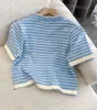 Women Knitted T Shirt Contrast Color White Blue Striped Tees Short Sleeve Cropped Jumper Tops