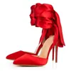 Dress Shoes Red Black Silk Summer Woman Sandals Ankle Lace Up Design Sexy Pumps Elegant Decor Thin Heel Female Party