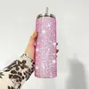 20oz maigre droit strass paillettes Bling AB diamants multicolores cristal coloré en acier inoxydable tasses à double paroi gobelet avec couvercle et paille