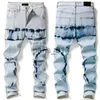 Herr jeans män designer jeans broderi hip hop joker denim pants män trasiga hål lapp elastiska smala fötter blyertsbyxor x0911