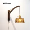 Retro Amber Glazen Wandlamp Vintage Walnoot Houten Blaker Hotel Cafe Bar Woonkamer Eetkamer Slaapkamer Bistro Roterend Opvouwbaar Rocker Light