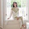 Women's Sleepwear White Pajamas Suit With Buttons Lapel Two Pieces Shirt&Pants Set Sexy Pyjamas Pour Femme Long Sleeve Home Clothes