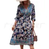 Boho verano vintage estampado floral vestido de pajarita mujer moda vacaciones con cuello en v piso-longitud vestidos de playa vestidos de verano 210508