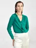Kadın bluzları Autunm moda zarif fırfırlı v yaka uzun kollu asetik asit saten gömlek artı beden ofis bayan buz ipek bluz üstleri 7xl
