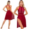 Stage Wear Femmes Danse Lyrique Justaucorps Robe Sans Manches Strass Sheer Mesh Patinage Artistique Dancewear Ballet Gymnastique Performance Costume