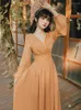 Casual Dresses Women Clothing Yellow Fashion V-neck Sexy Temperament Maxi Dress Fairy Ladies Retro Holiday Style 2023 Autumn Send Bandana