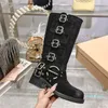 Designer -Belt Buckled Cowhide Couro Biker Joelho Botas Chunky Heel Zip Knight Botas Moda Square Toe Ankle Booties para Mulheres Sapatos Fábrica