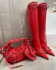Red Leather Stiletto knee-high boots Vintage gun color threaded buckle decoration Side zipper pointed toe tassel High boots Luxury Designer fashion boot Sizes 35-43