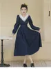 Casual Dresses Women's British College Style Navy Collar 2023 Långärmning Simple Patchwork Retro Elegant Robe for Women Fall Dress