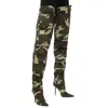 Stiefel bedruckte Camouflage-Stiefel über dem Knie, hohe, dünne Absätze, langer, lässiger, spitzer Motorradschuh für Damen 230911