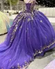 Sparkly Beaded Ball Gown Quinceanera Dresses 3D Lace Appliqued Prom Gowns Off The Shoulder Neckline Sweep Train Sweet 15 Corset Masquerade Dress