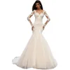 Illusion Scoop Mermaid Wedding Dresses Långärmad spets applicerad aso ebi arabisk brudklänning vestidos de novia