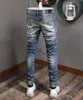 Herenjeans Stretch Design Denim Jeans Biker Fit voor heren Slim Painted Patch Trim Been Cowboybroek Mannelijk x0911