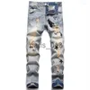 Herr jeans män designer jeans broderi hip hop joker denim pants män trasiga hål lapp elastiska smala fötter blyertsbyxor x0911