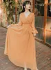 Casual Dresses Women Clothing Yellow Fashion V-neck Sexy Temperament Maxi Dress Fairy Ladies Retro Holiday Style 2023 Autumn Send Bandana