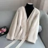 Frauen Pelz 2023 Winter Künstliche Nerz Haar Mantel Frauen Nachahmung Slim Fit Outwear Mode V-ausschnitt Einfarbig Luxus Jacke