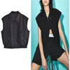 Gilet da donna Tasche da donna Gilet corto Giacca con risvolto ampio nero Senza maniche Orlo elastico Gilet con zip chic Pantaloncini a pieghe