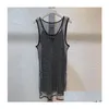 Basic Casual Dresses Sleeveless Womens Dress Hollowed Black Satin Sling Rhinestone Shiny Hollow Vest 2Pcs Set Denim Bra Tops Size Dhcri