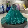 Emerald Green 3D Flowers Princess Quinceanera Dresses 2023 With Detached Cape Beading Crystal Sweet 16 Birthday Dress Vestido 322