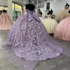 Sparkly Purple Sweetheart Princess Ball Gown Quinceanera Dress Off The Shoulder Lace 3Dflower With Bow Sweet 16 Dress Vestidos de 15