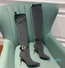 弾性ニットファブリックスティレット膝ブーツ文字刺繍された靴下ブーツ女性用アウトドアシューズデザイナーブートファクトリーフットウェア