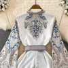 Abito stile vintage svasato a maniche lunghe girocollo stampato in vita restringente abito monopetto elegante gonna lunga