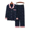 Ropa de dormir para mujer Pijamas de primavera para mujer Conjunto de ropa para el hogar Cuello de traje Impresión modal delgada Colores contrastantes Solapa Cardigan Loungewear