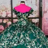 Verde brilhante princesa quinceanera vestidos princesa ouro apliques 3d flores vestido de baile vestido de aniversário tule doce 16 vestidos de 15